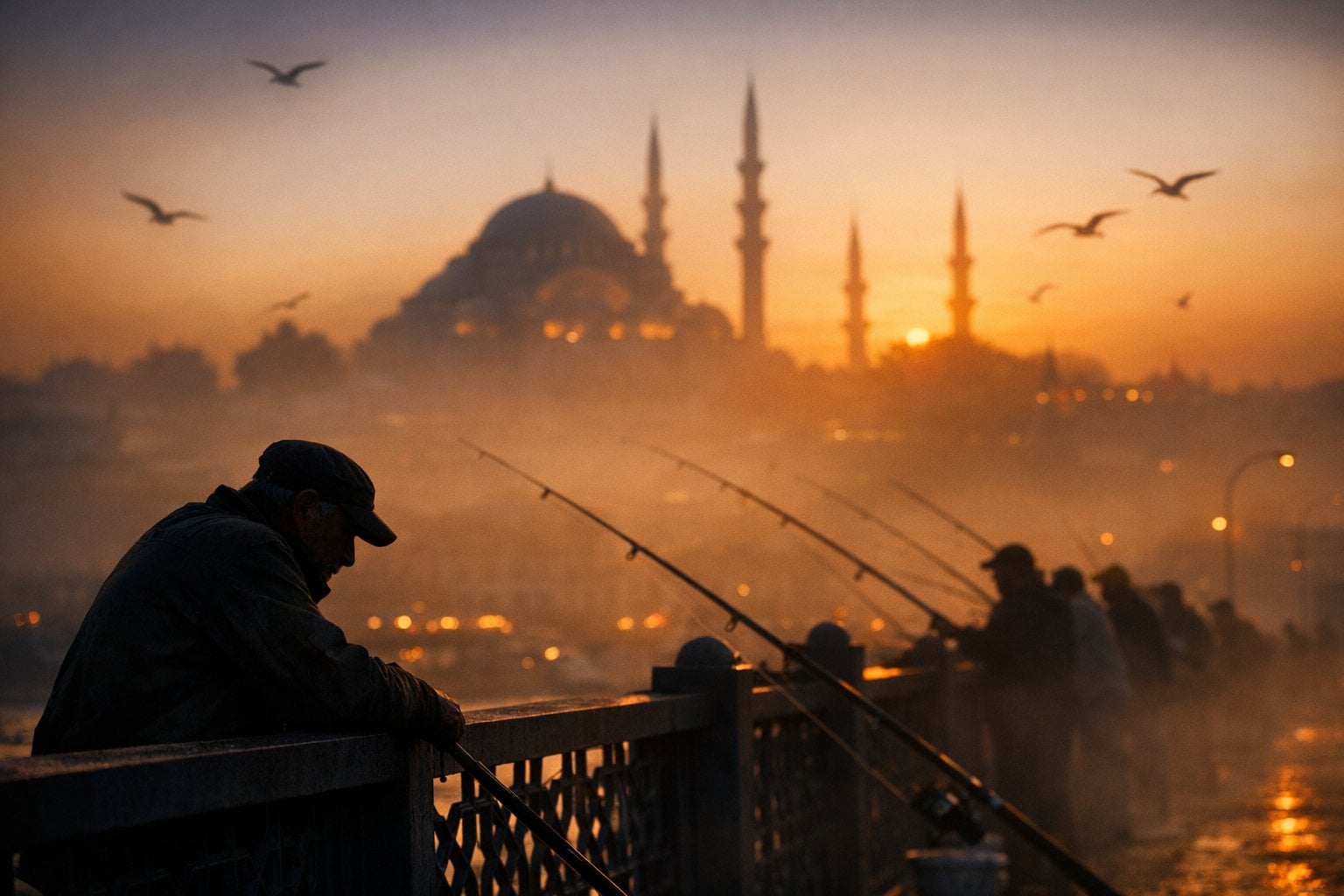 Fishermen Silhouette on Galata Bridge Sunset