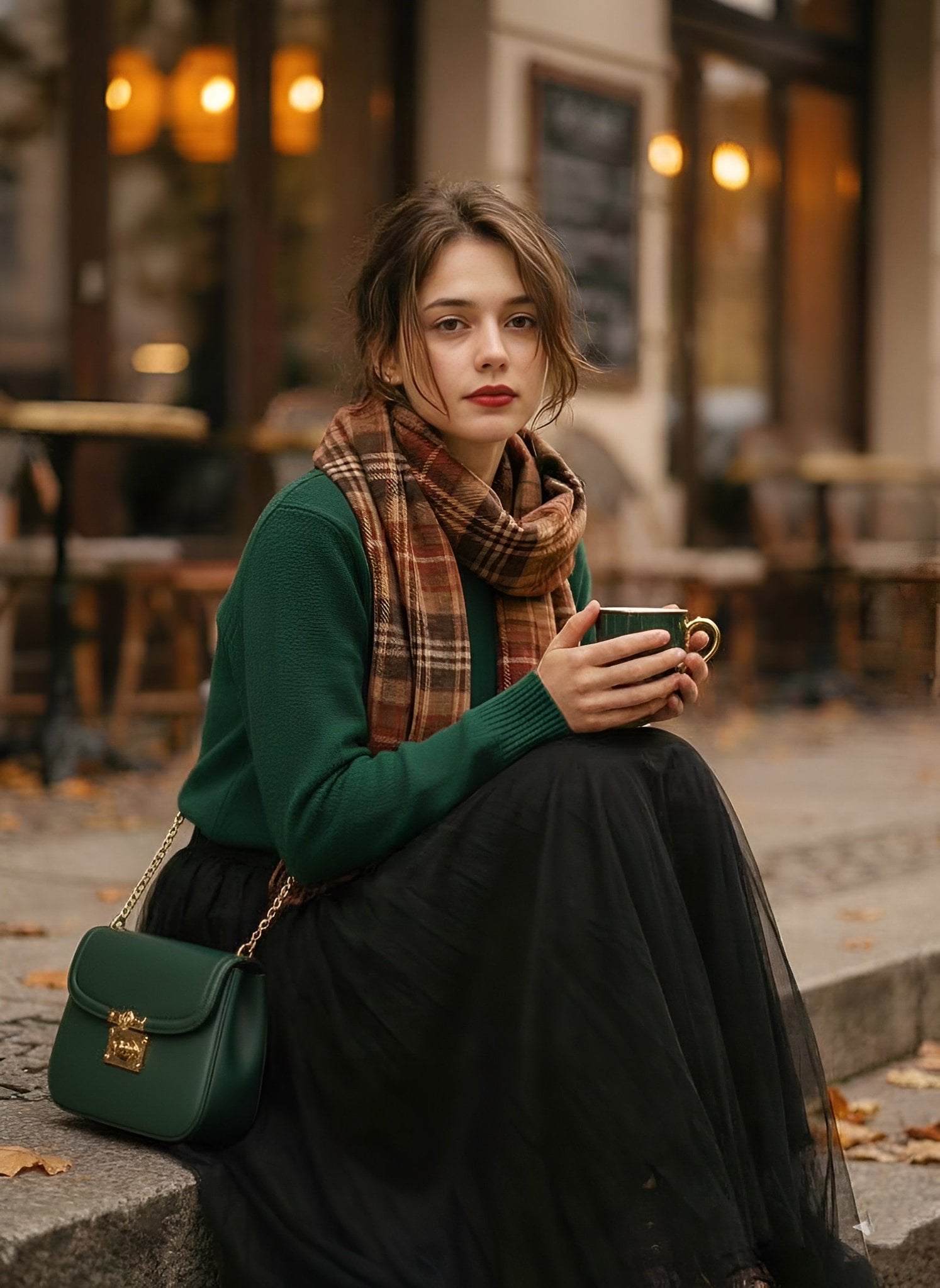 Retro Fashion Portrait of Woman at Autumn Cafe
