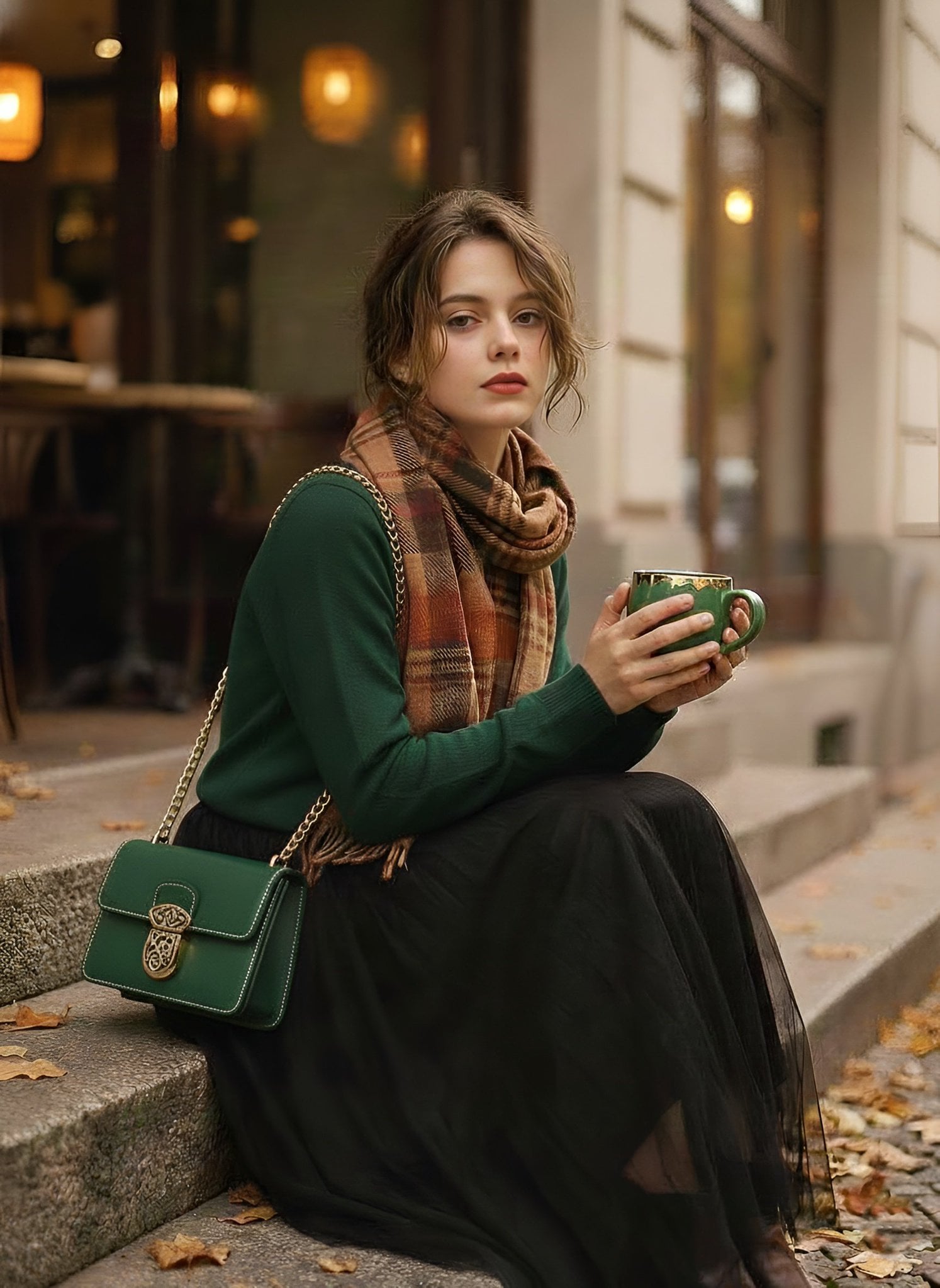 Retro Fashion Portrait of Woman at Autumn Cafe — image 2