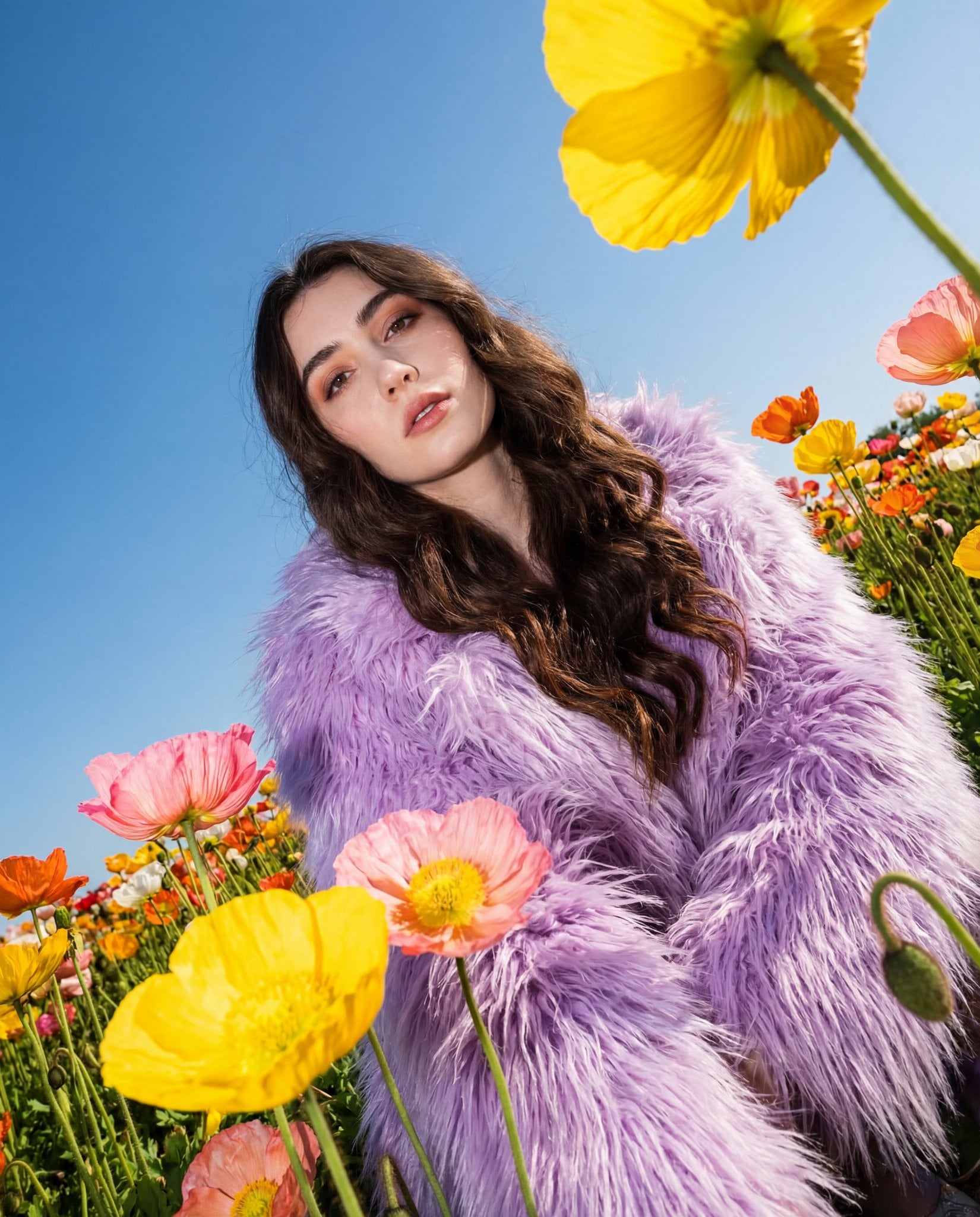 Bold Fashion Portrait in Poppy Field with Faux Fur — image 2