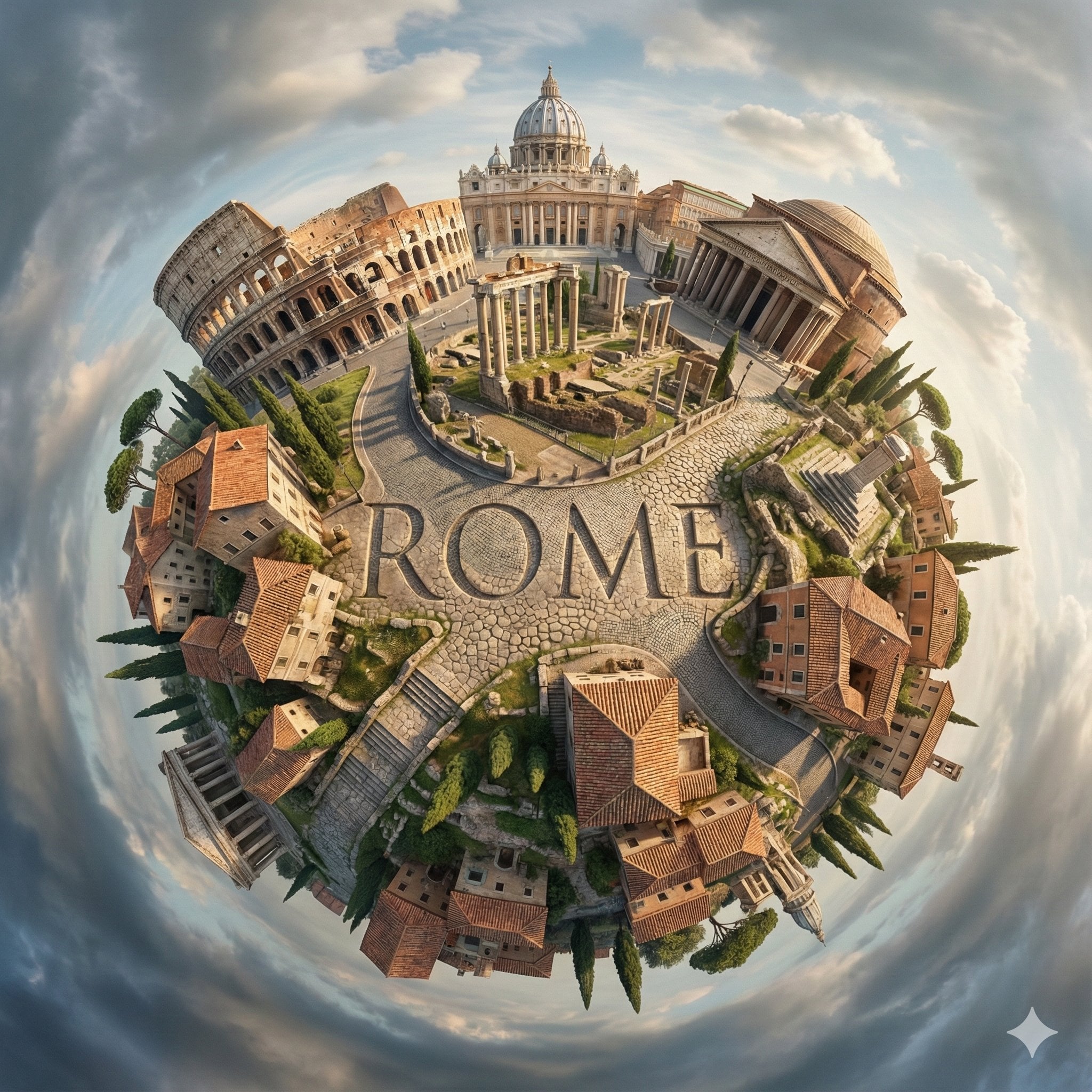Surreal Spherical City Panorama with Integrated Typography