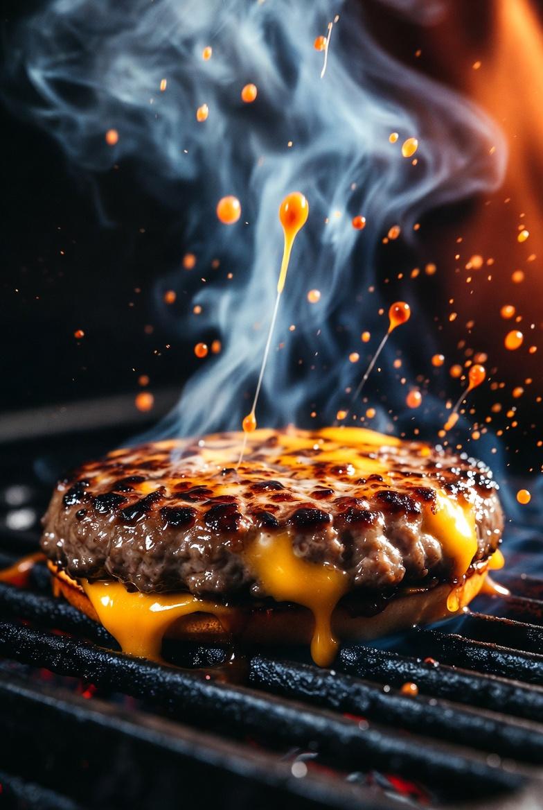 Hyper-Realistic Sizzling Cheeseburger Close-Up
