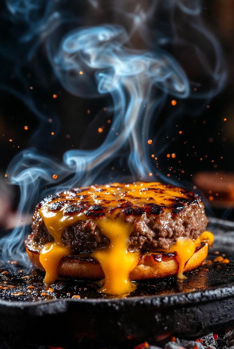 Hyper-Realistic Sizzling Cheeseburger Close-Up — image 2