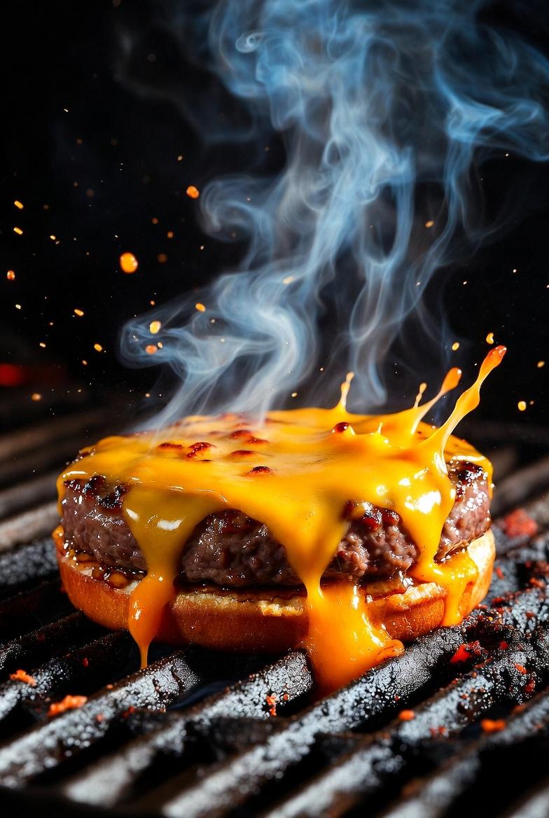 Hyper-Realistic Sizzling Cheeseburger Close-Up — image 3