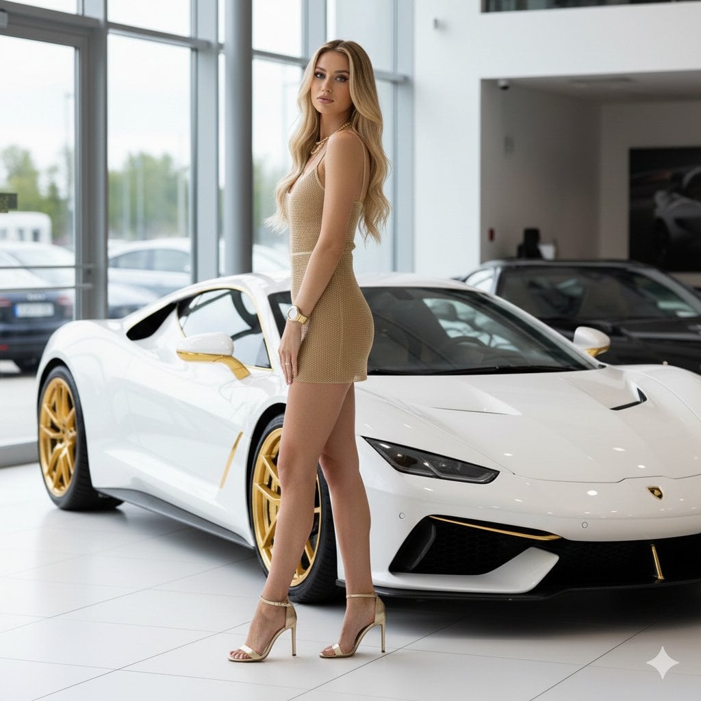 Woman in Gold Dress Poses with White Supercar — image 2