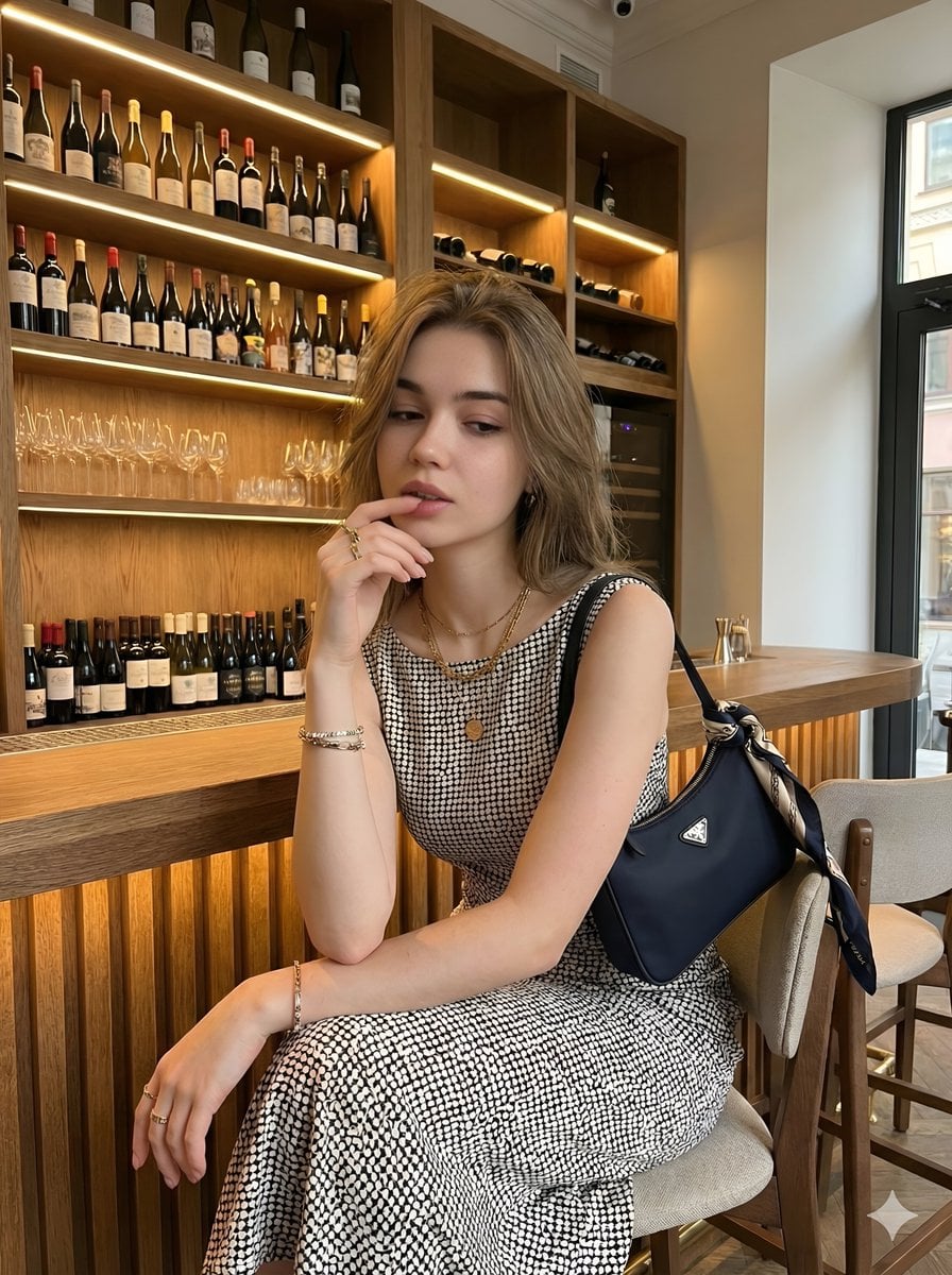 Elegant Woman at Wine Bar with Prada Bag
