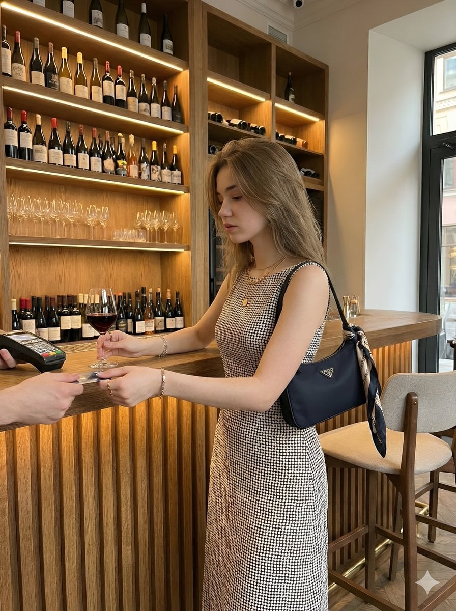 Elegant Woman at Wine Bar with Prada Bag — image 2