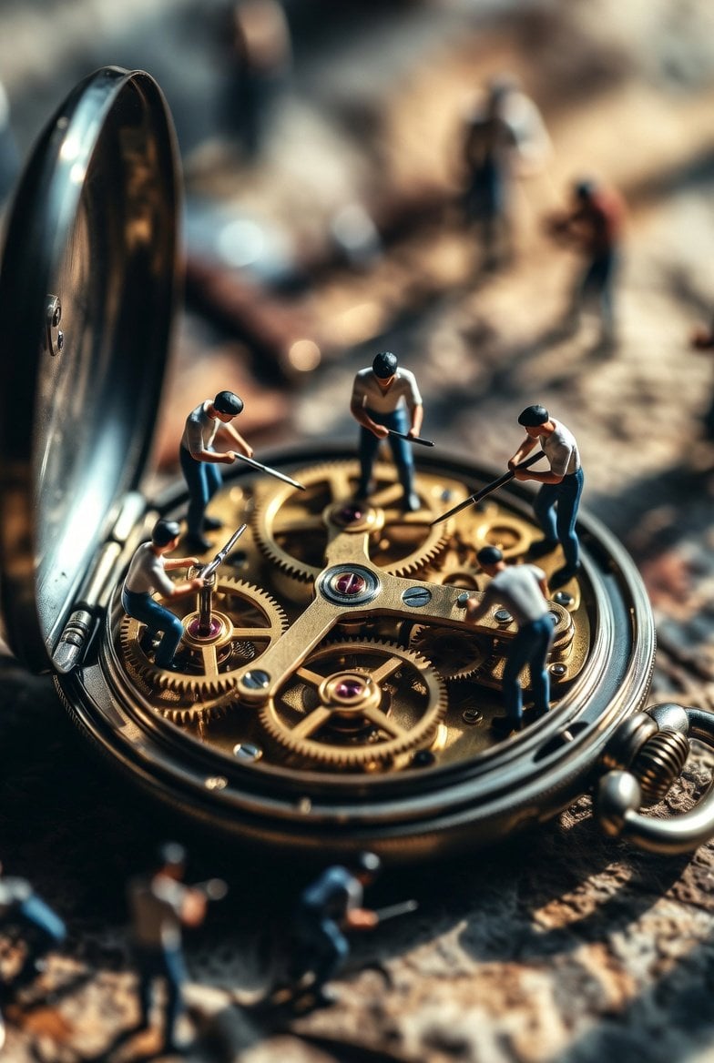 Tiny Workers Repairing Antique Pocket Watch Macro — image 2