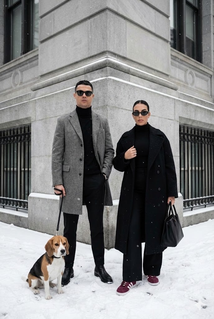 Stylish Couple in Snowy Urban Setting — image 2