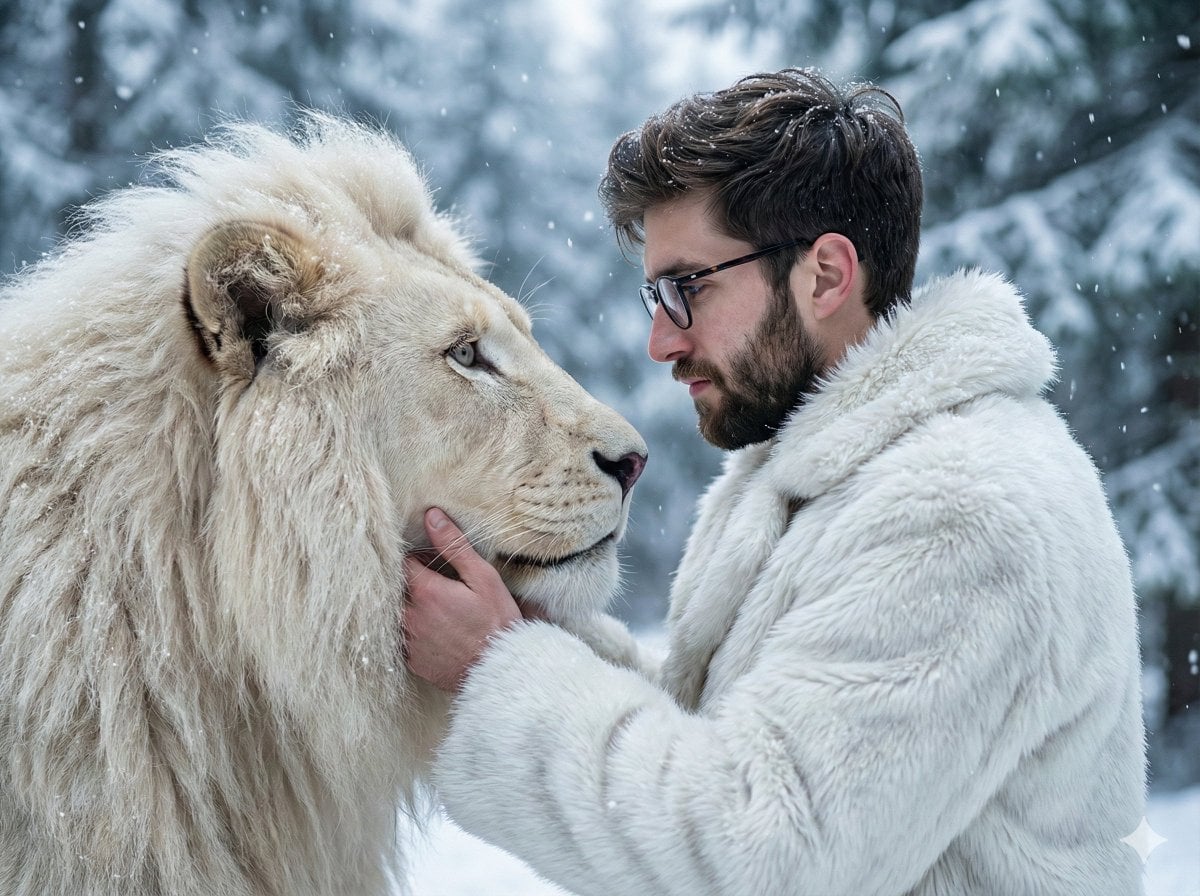Man and White Lion in Snowy Forest — image 2