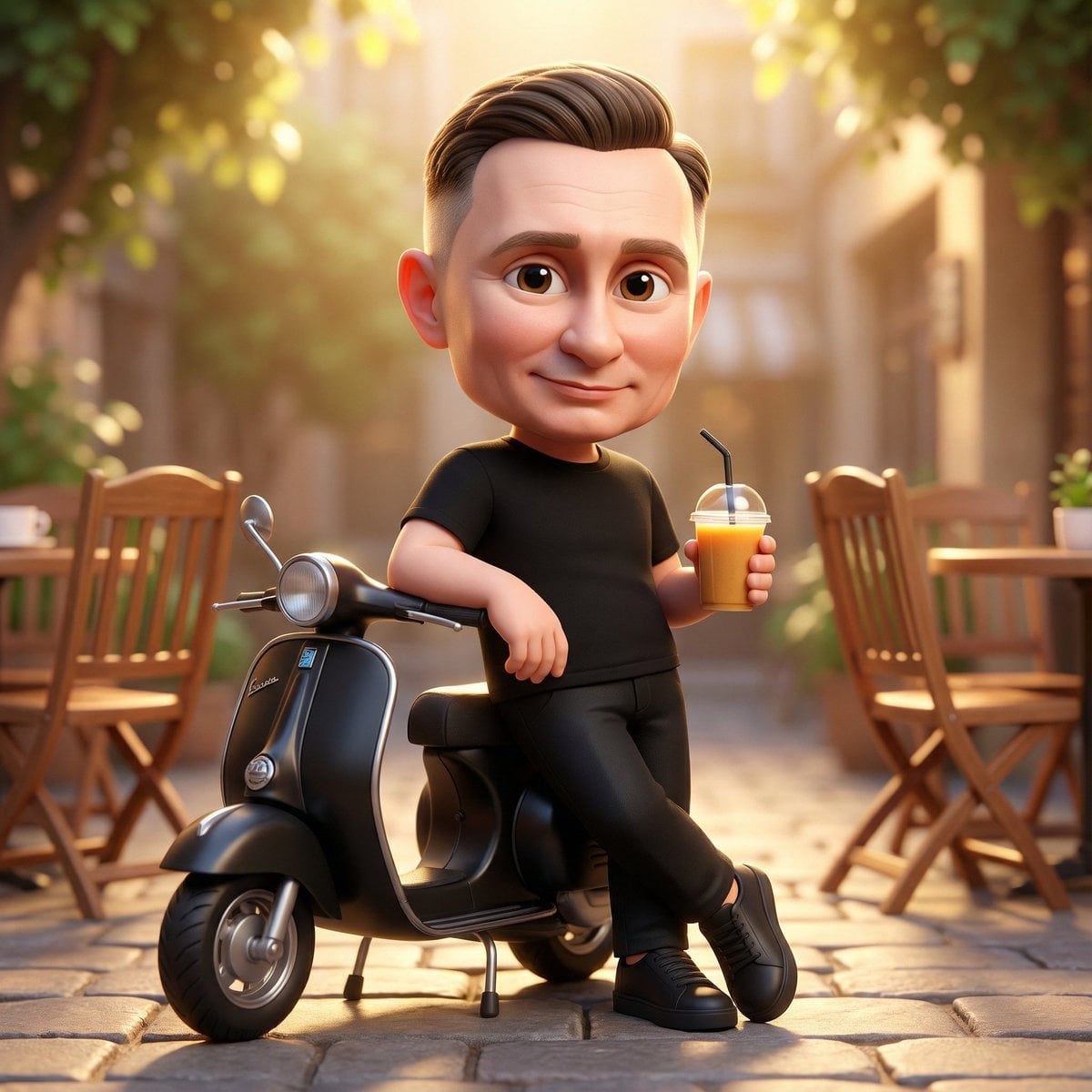 Chibi Character with Scooter in Cafe Courtyard — image 2