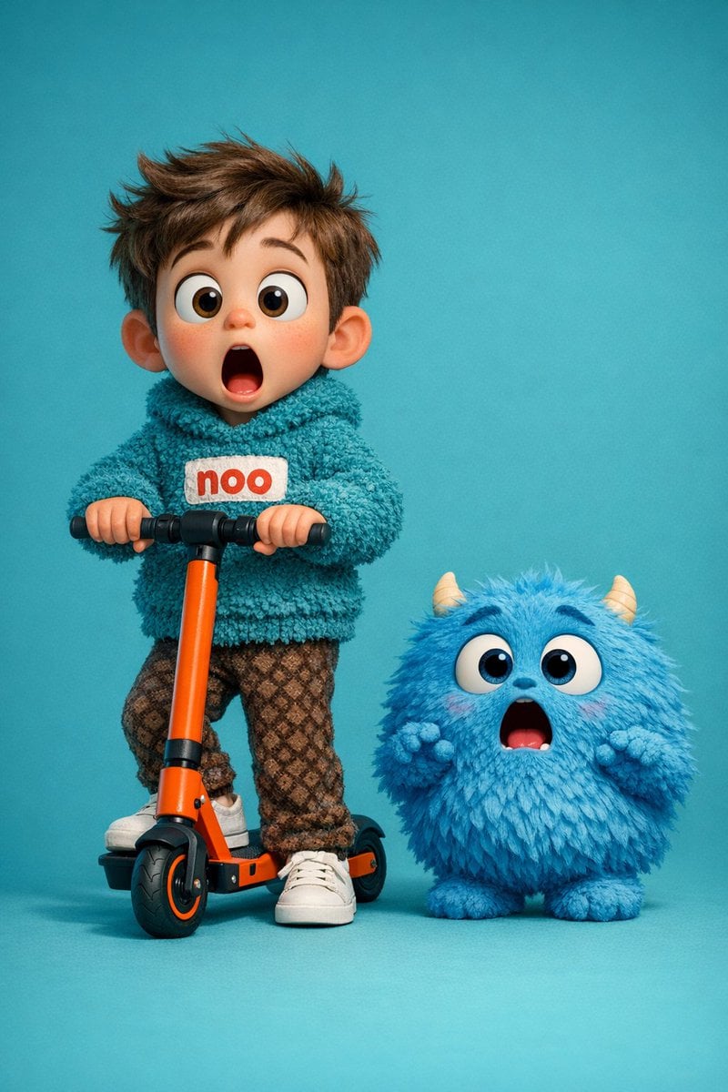 Boy and Blue Monster on Electric Scooter — image 2