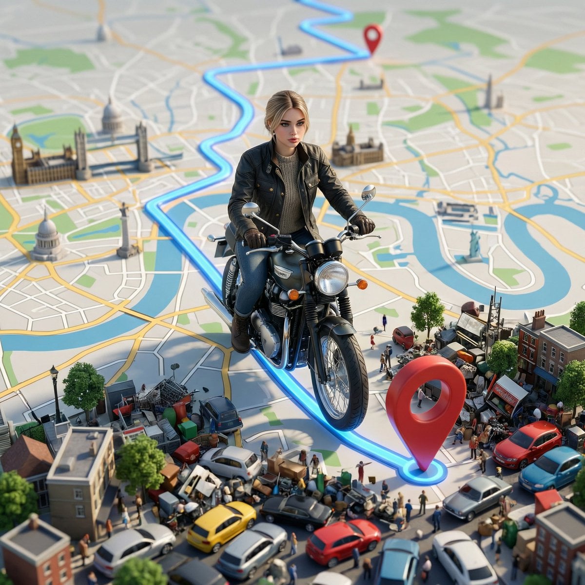 Woman Riding Scooter on GPS Route in Miniature City — image 2