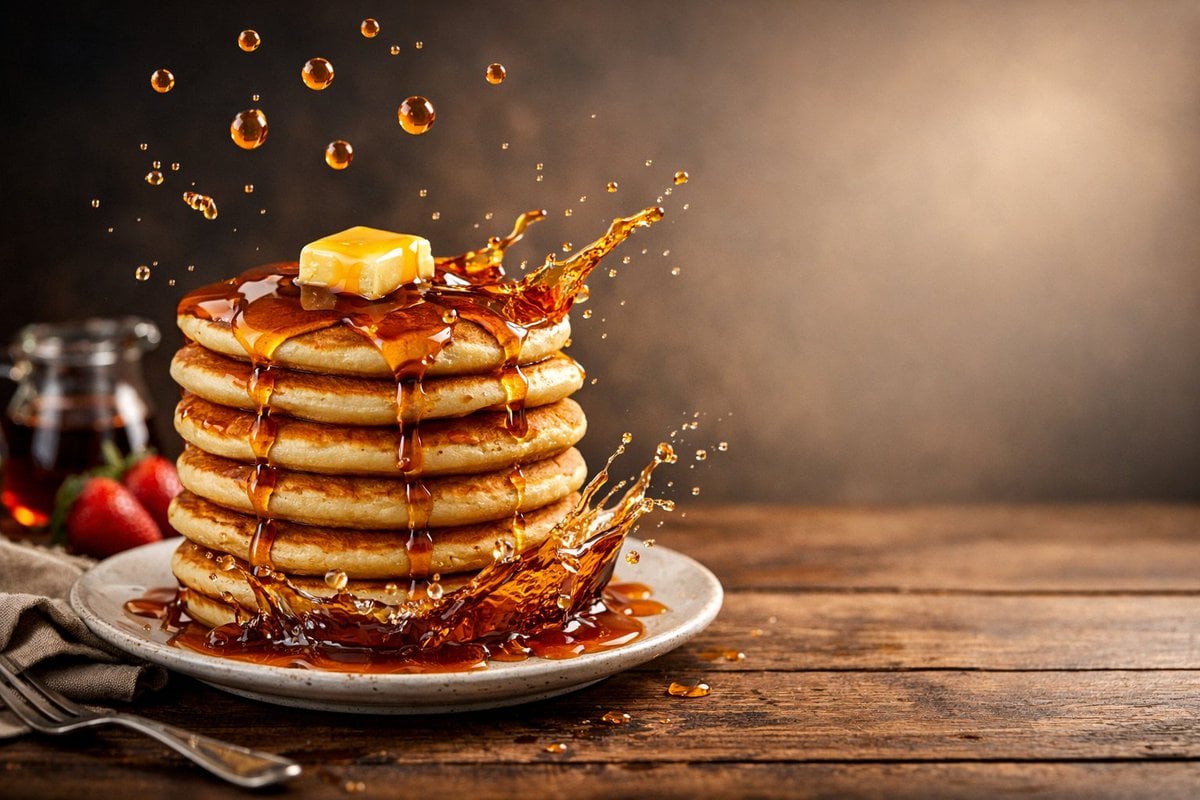 Syrup-Drizzled Pancakes with Levitating Droplets — image 2