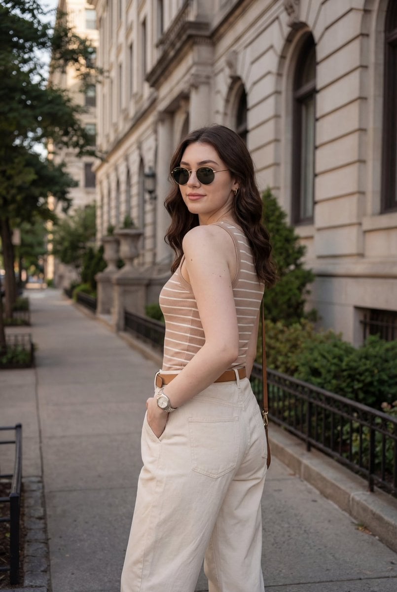 Woman in Beige Tank Top on Historic Street — image 2