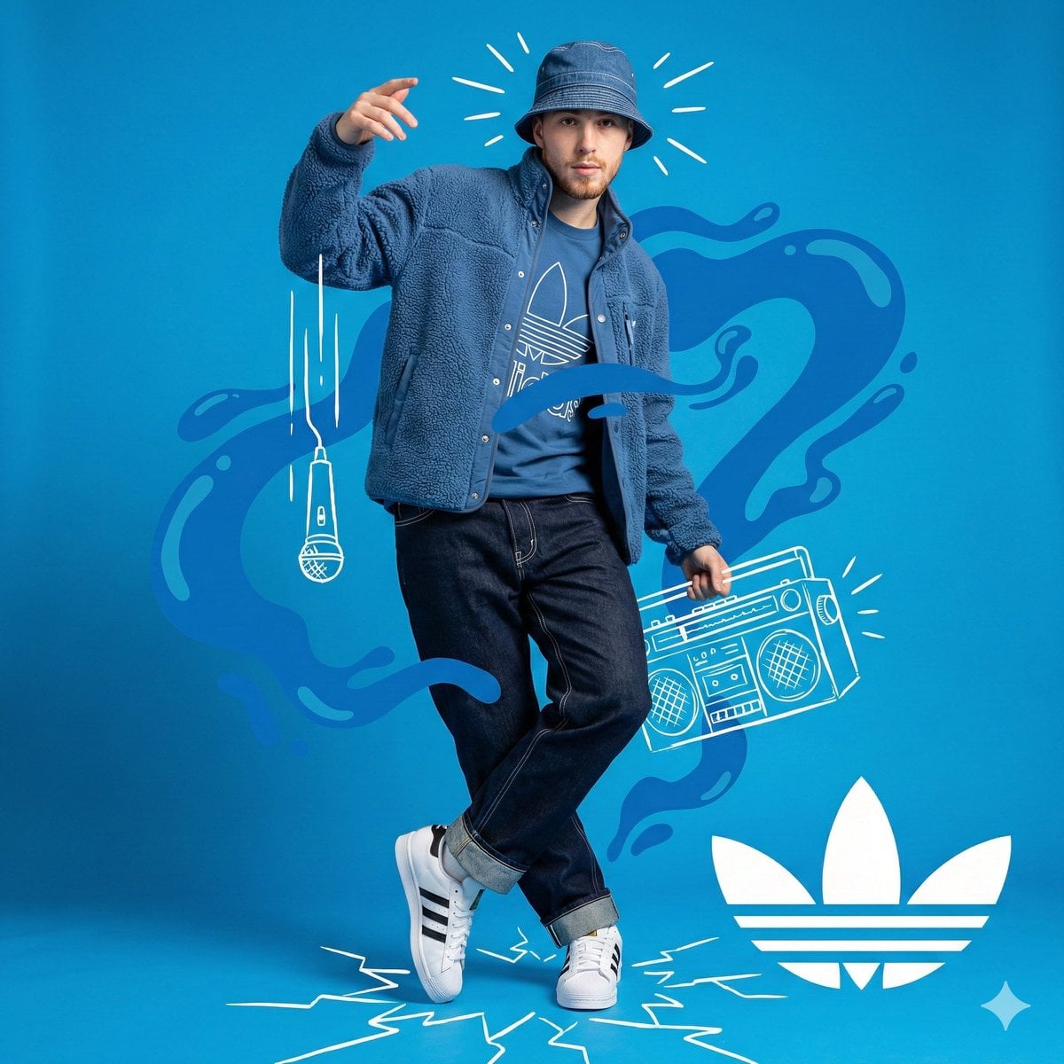 Dynamic Blue Studio Portrait with Artistic Doodles