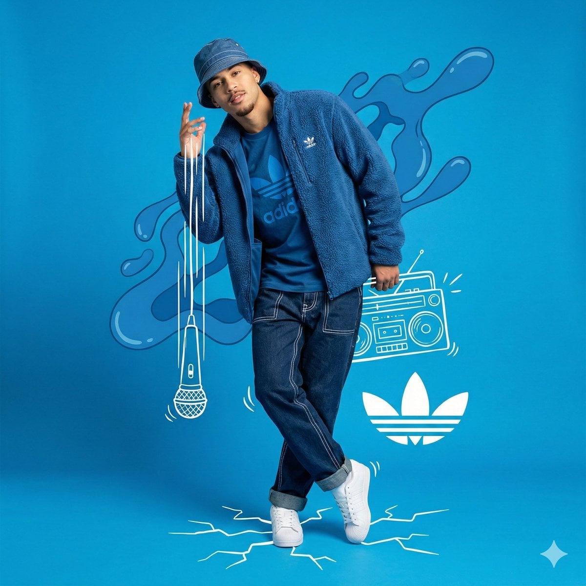 Dynamic Blue Studio Portrait with Artistic Doodles — image 2