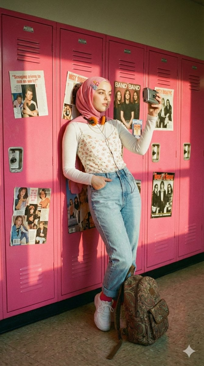 Y2K Hijab Girl in Retro Hallway — image 2