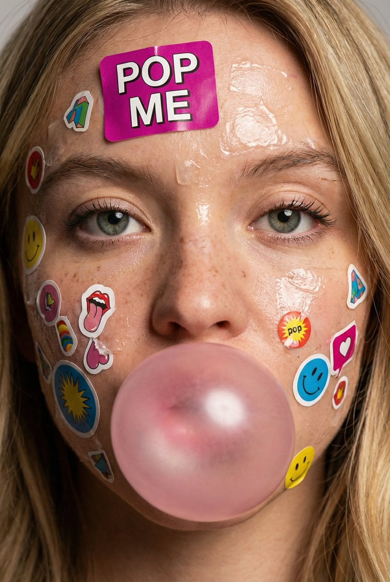Vibrant Sticker-Covered Face with Bubblegum