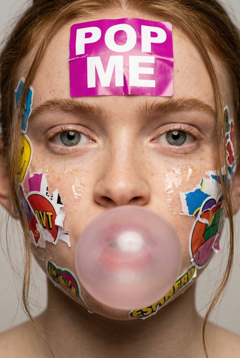 Vibrant Sticker-Covered Face with Bubblegum — image 2