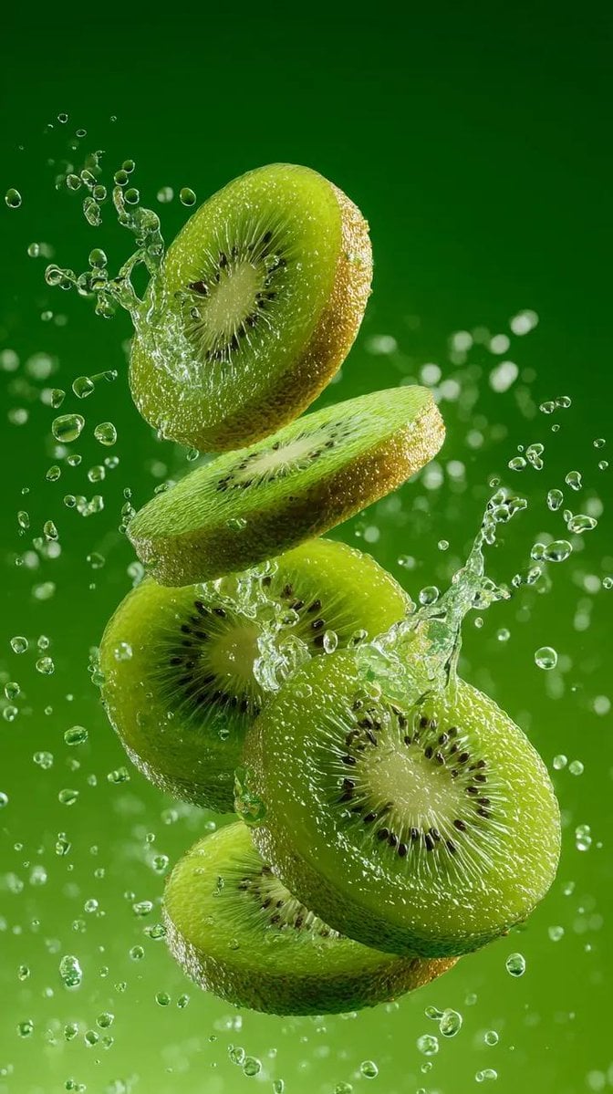 Hyperrealistic Sliced Kiwi Splashing in Water Droplets