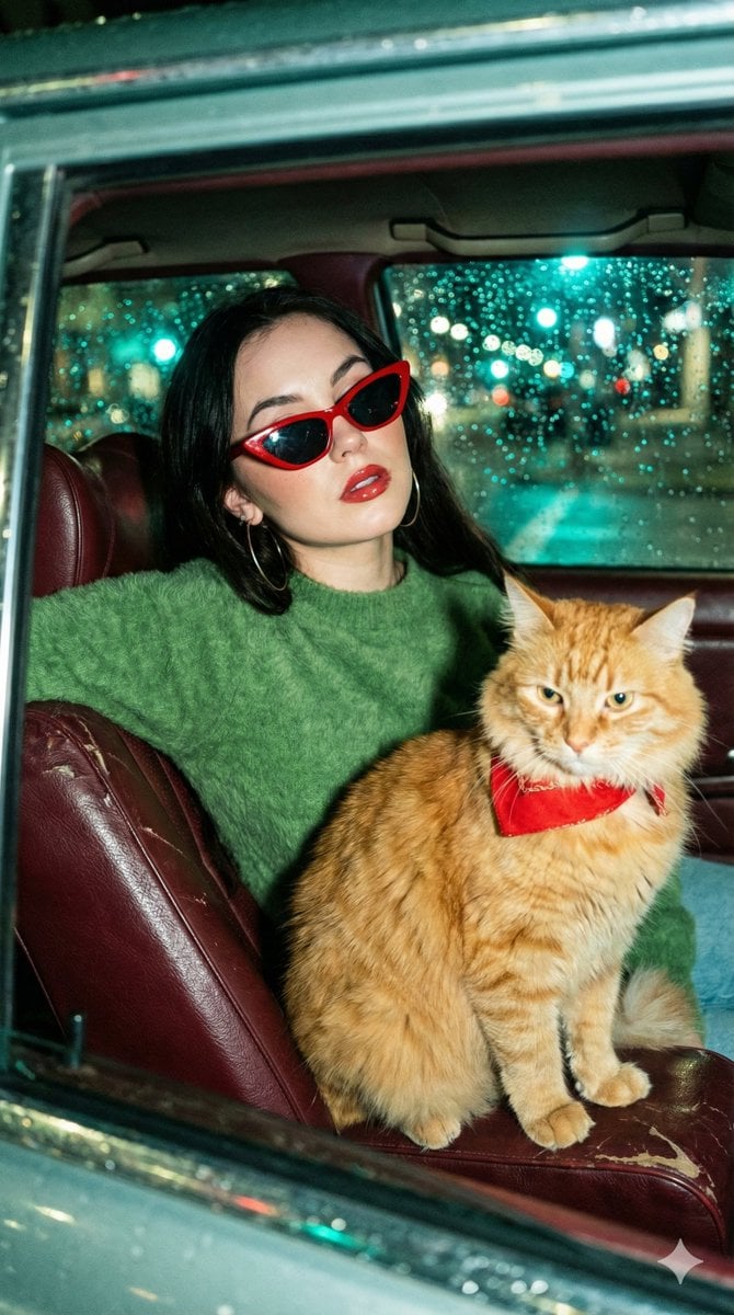 Asian Woman and Cat in Vintage Car at Night — image 2