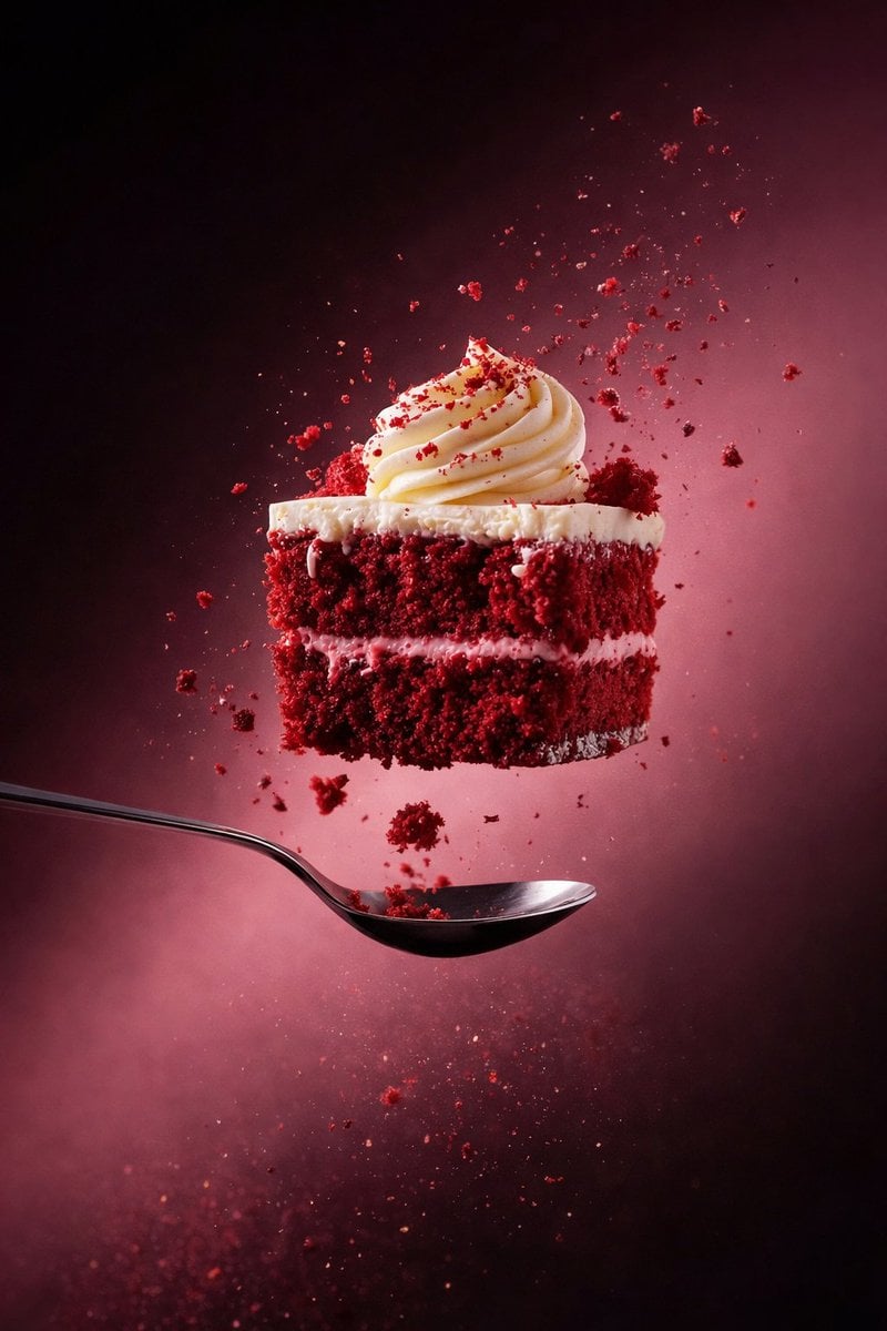 Floating Red Velvet Cake Slice with Crumbs — image 2