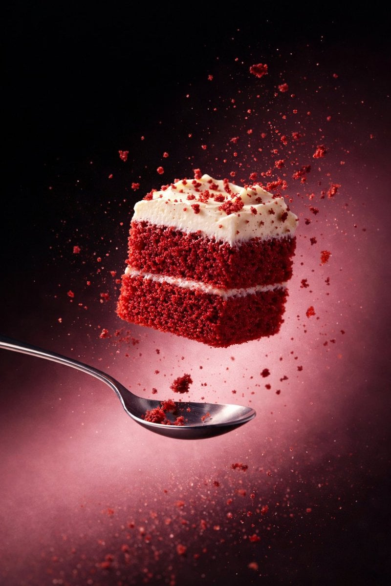 Floating Red Velvet Cake Slice with Crumbs — image 3