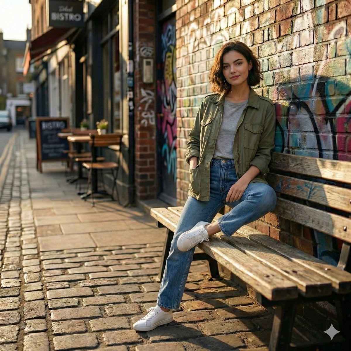 Woman on Bench Near Restaurant — image 2