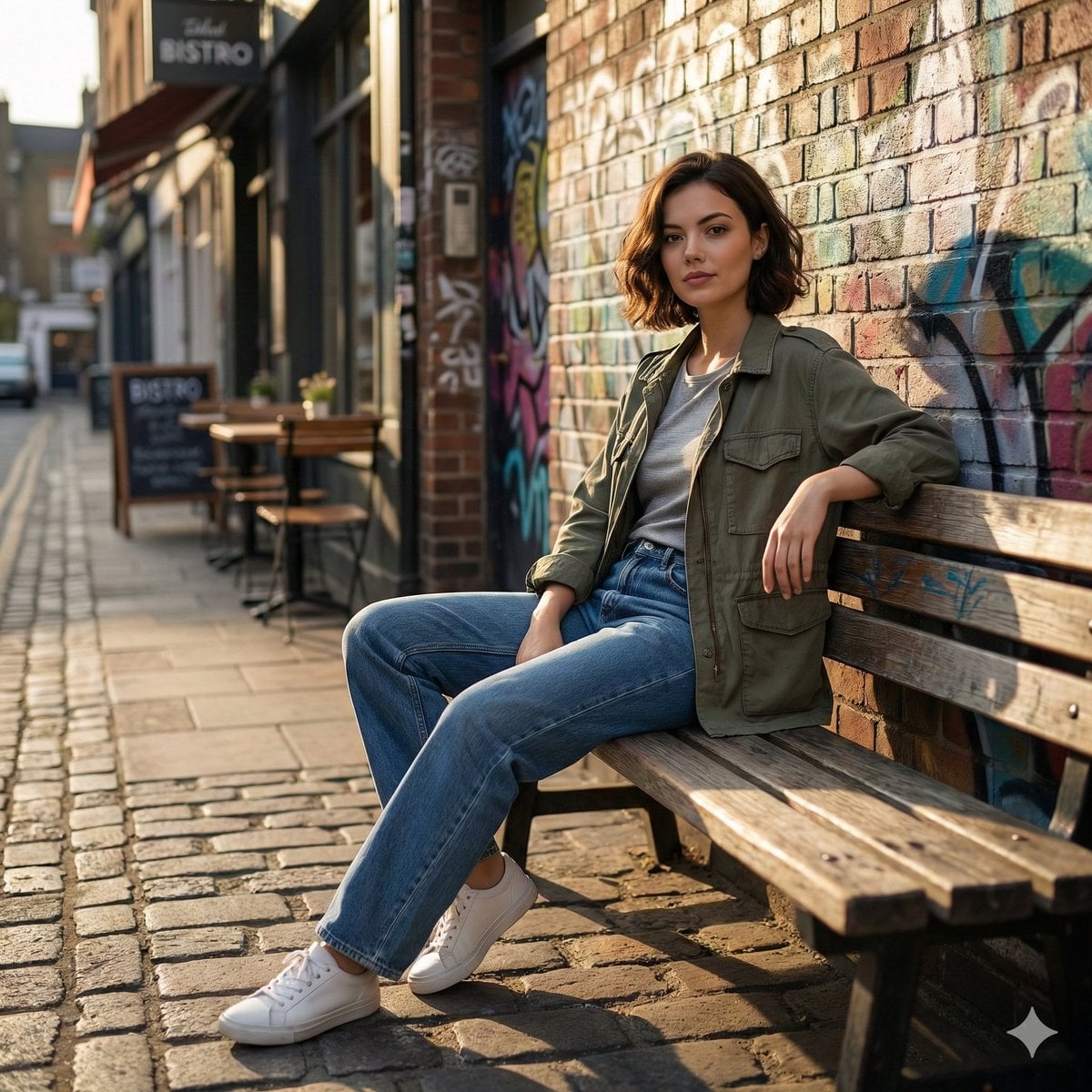 Woman on Bench Near Restaurant — image 3