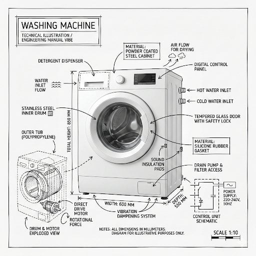 Infographic: Detailed Washing Machine Technical Illustration