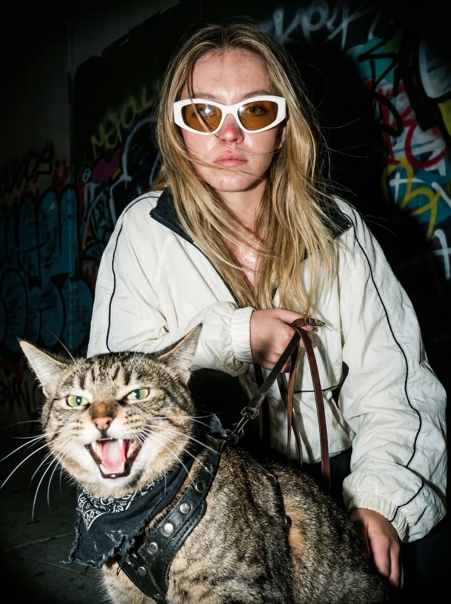 Woman and Hissing Cat in Urban Night Setting