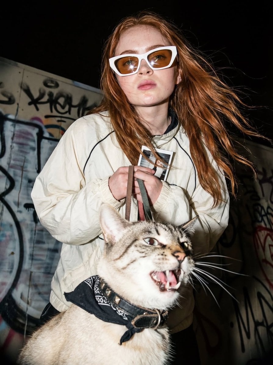 Woman and Hissing Cat in Urban Night Setting — image 2
