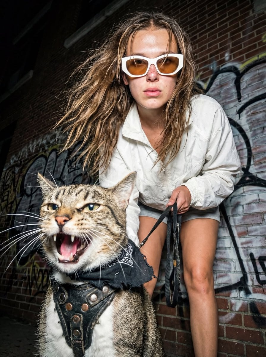 Woman and Hissing Cat in Urban Night Setting — image 3