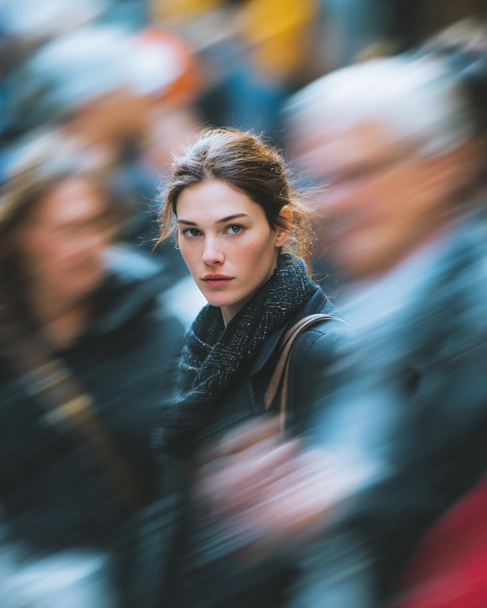 Woman in Motion Blur City Street Portrait