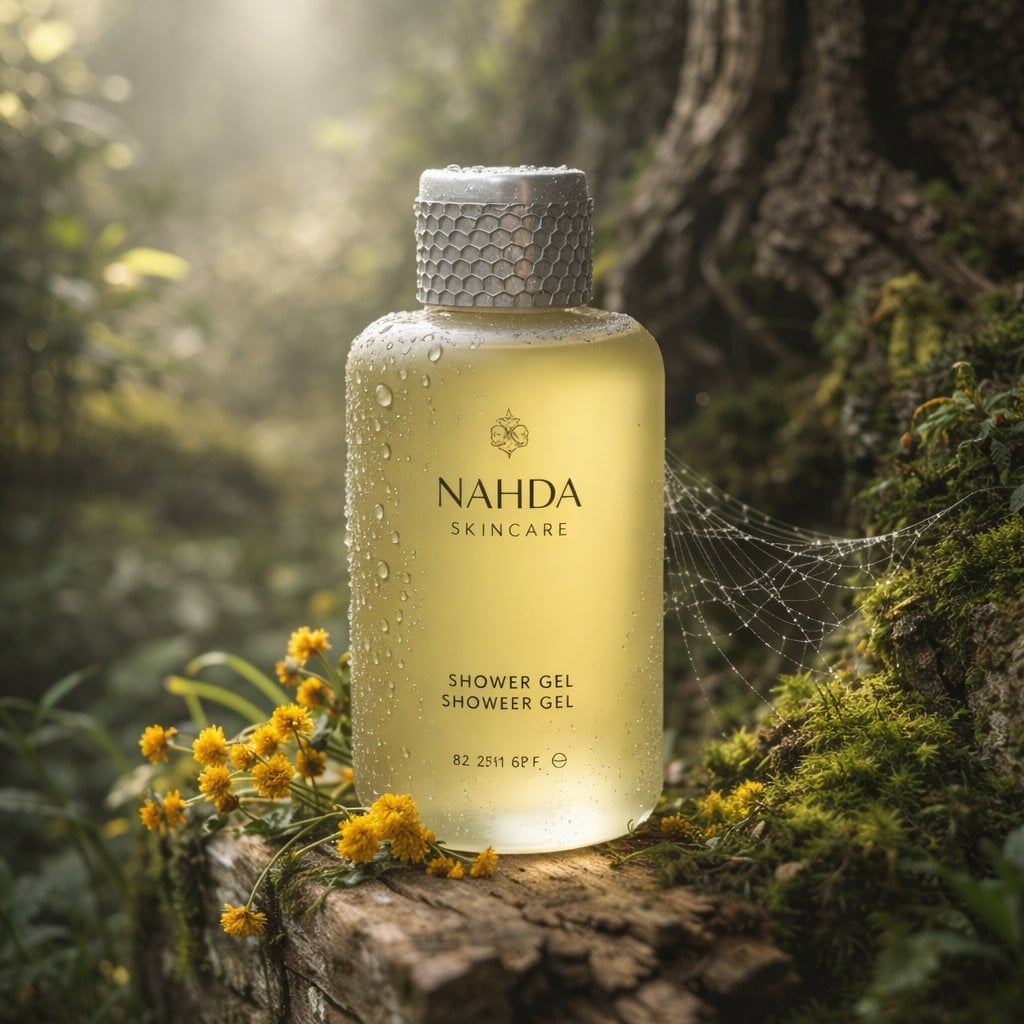 Frosted Yellow Shower Gel Bottle in Forest Setting — image 4