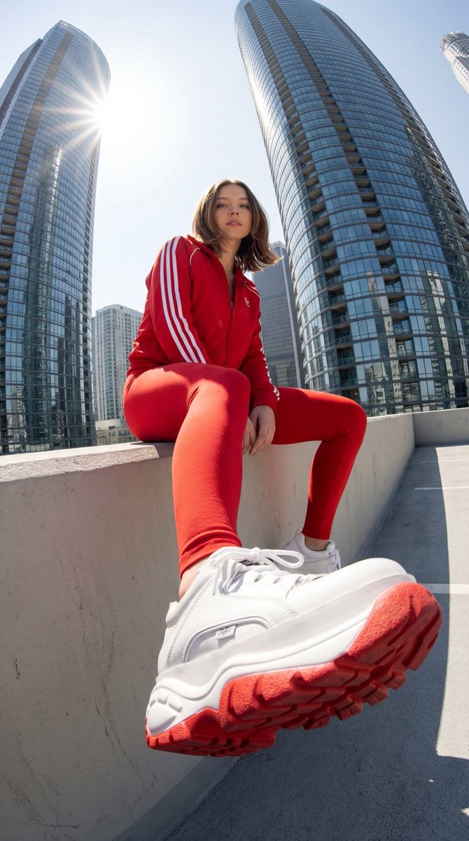 Woman in Red Streetwear on Urban Skyscraper Rooftop — image 2