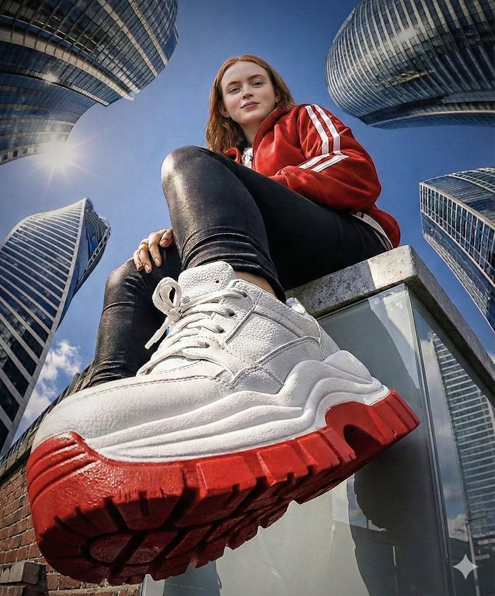 Woman in Red Streetwear on Urban Skyscraper Rooftop — image 3