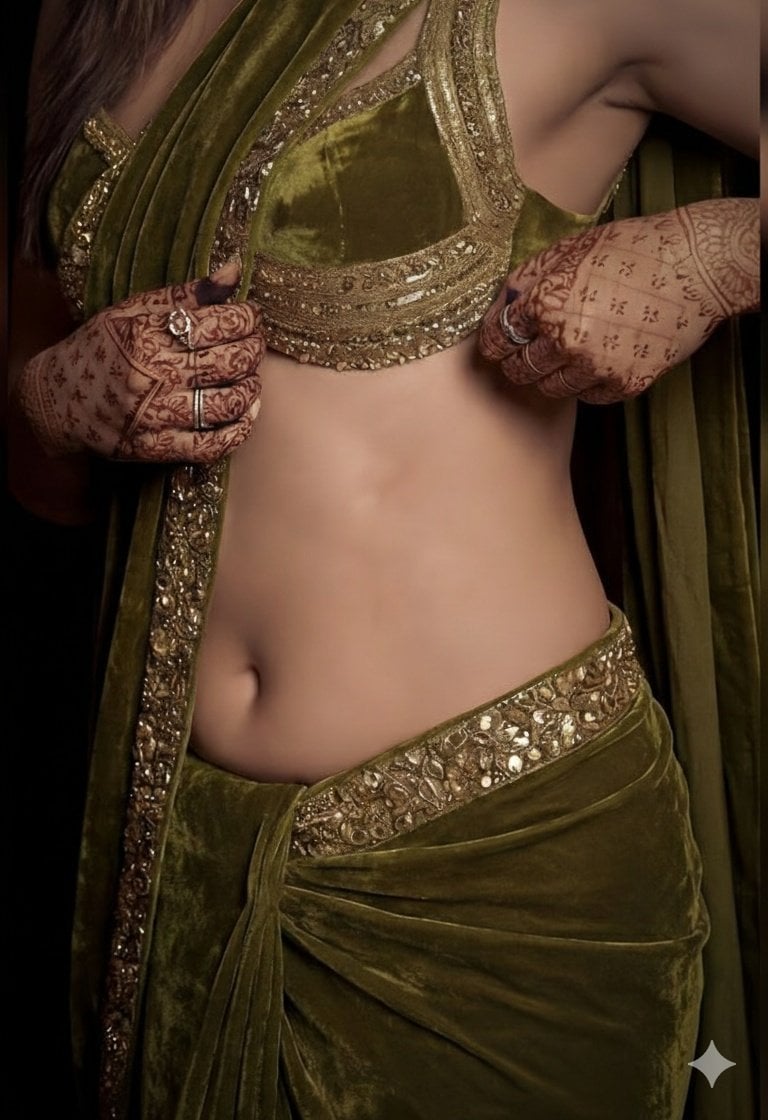 Elegant Woman in Olive Green Velvet Saree