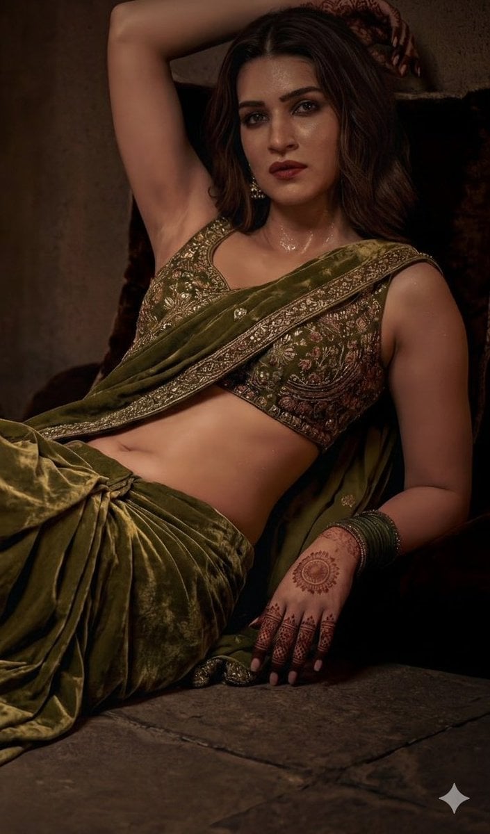 Elegant Woman in Olive Green Velvet Saree — image 4