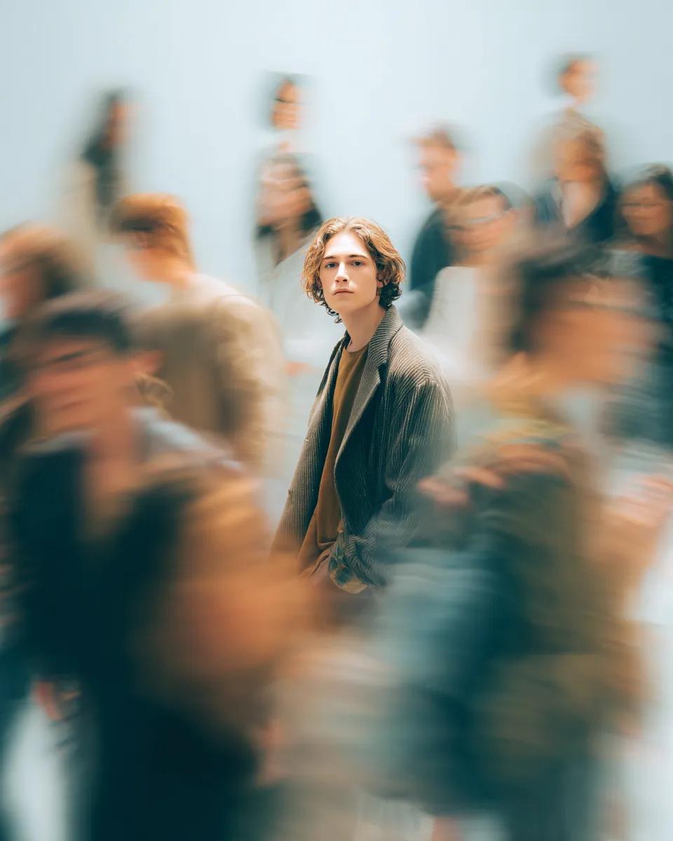 Isolated Youth Amidst Blurry Crowd Motion — image 2