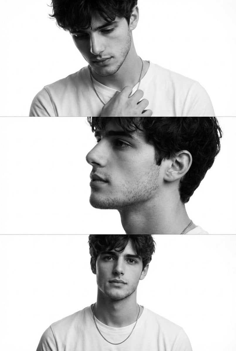 Monochrome Fashion Editorial Triptych of a Young Man