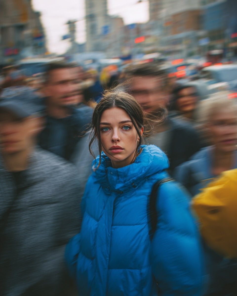 Street Portrait of Woman in Blue Puffer Jacket