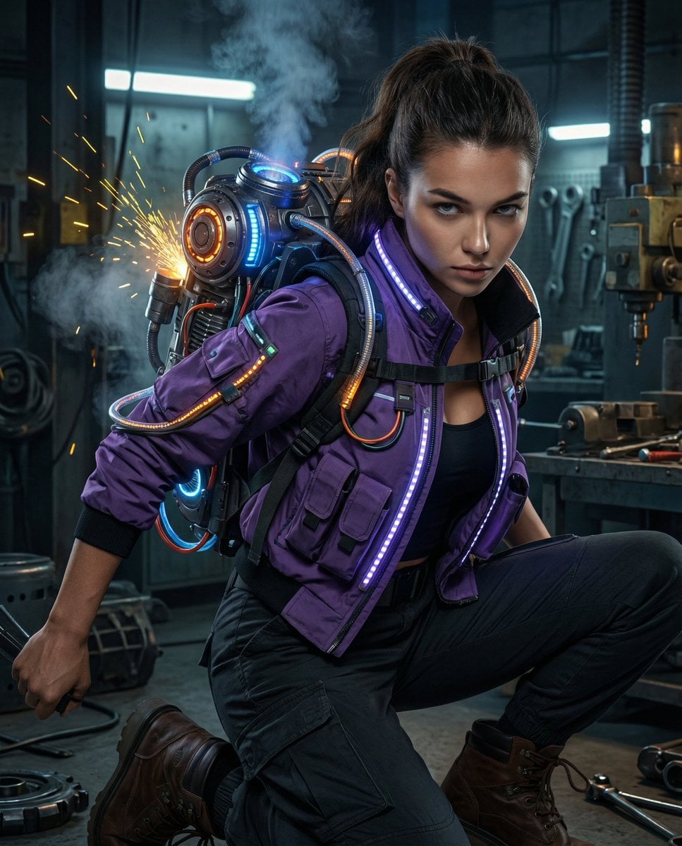 Cyberpunk Mechanic With Sci-Fi Exosuit Backpack — image 2