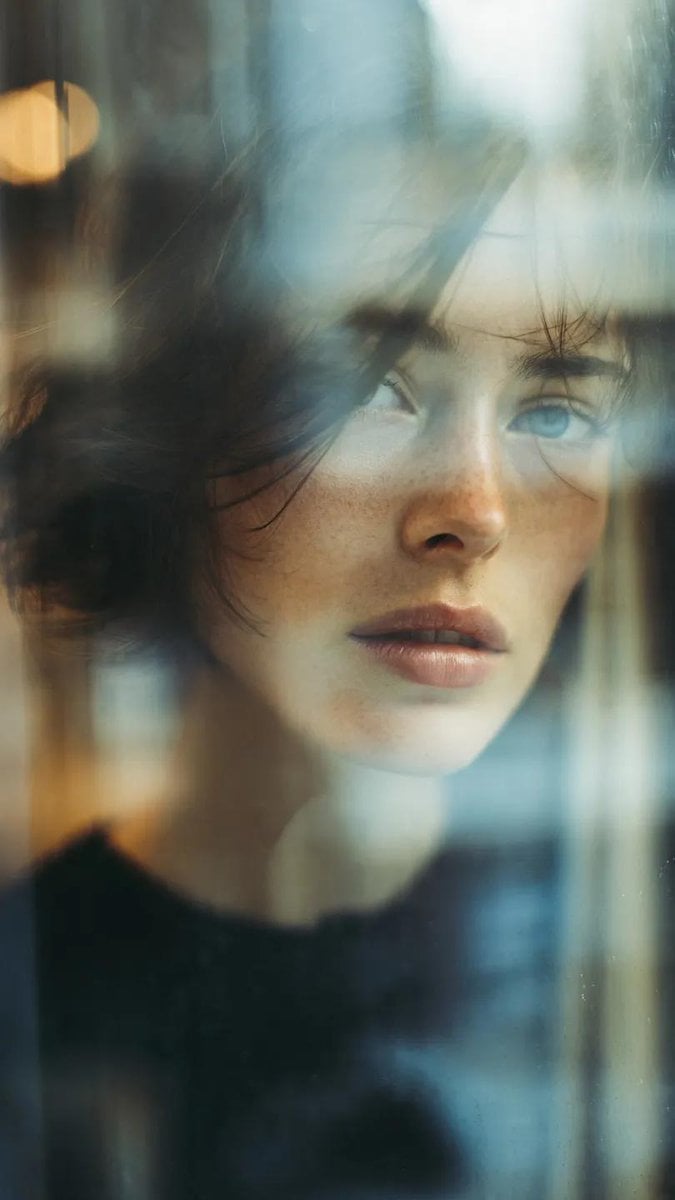 Woman in Glass Reflection with Layered City Depth — image 2