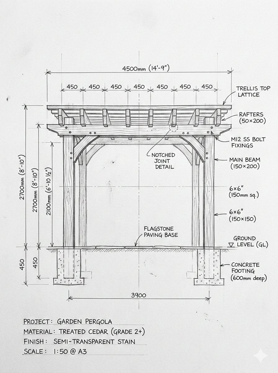 Wooden Garden Pergola, Hand-Drawn Blueprint and Photorealistic Build