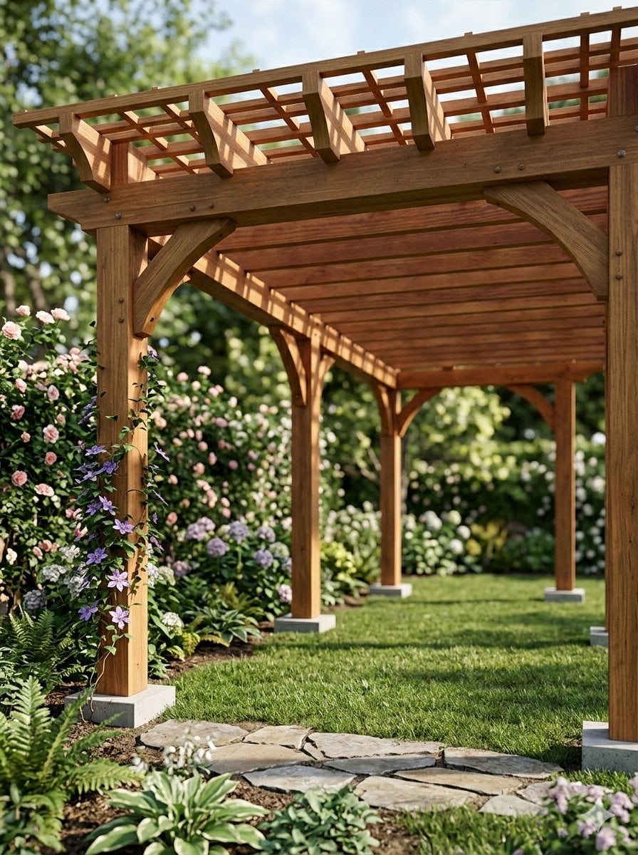 Wooden Garden Pergola, Hand-Drawn Blueprint and Photorealistic Build — image 2