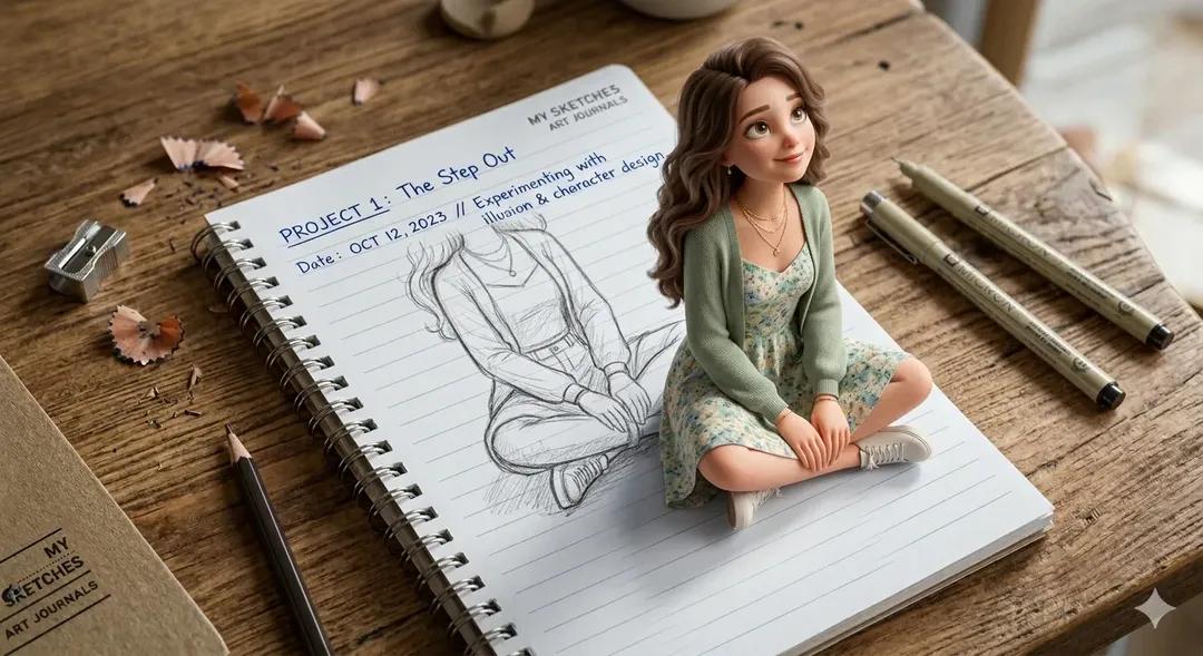 Girl Emerging From Notebook Sketch Illusion — image 2