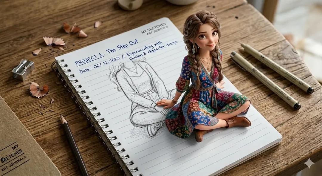 Girl Emerging From Notebook Sketch Illusion — image 3