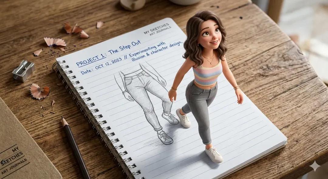 Girl Emerging From Notebook Sketch Illusion — image 4